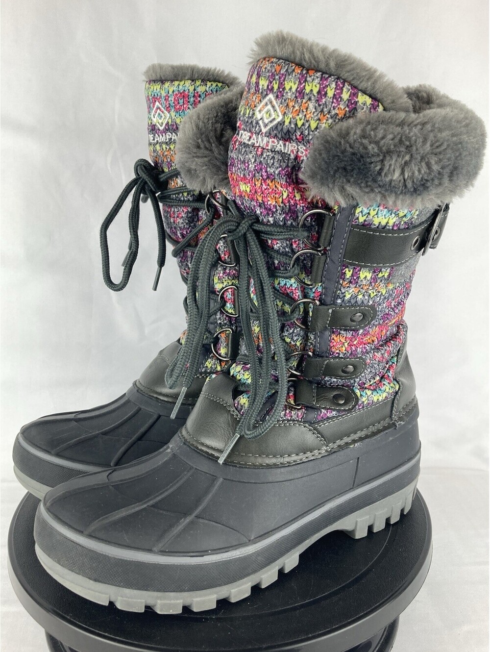 Girls Size 3 Dream Pairs Winter Snow Boots Knit Faux Fur Lined Waterproof Gray
